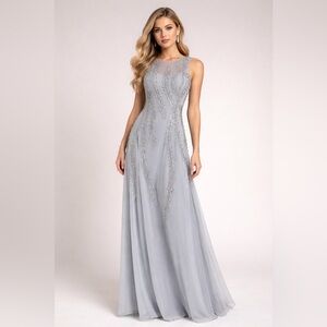 Adrianna Papell Size 4 NWT Silver Blue Beaded Illusion Evening Gown Formal Dress